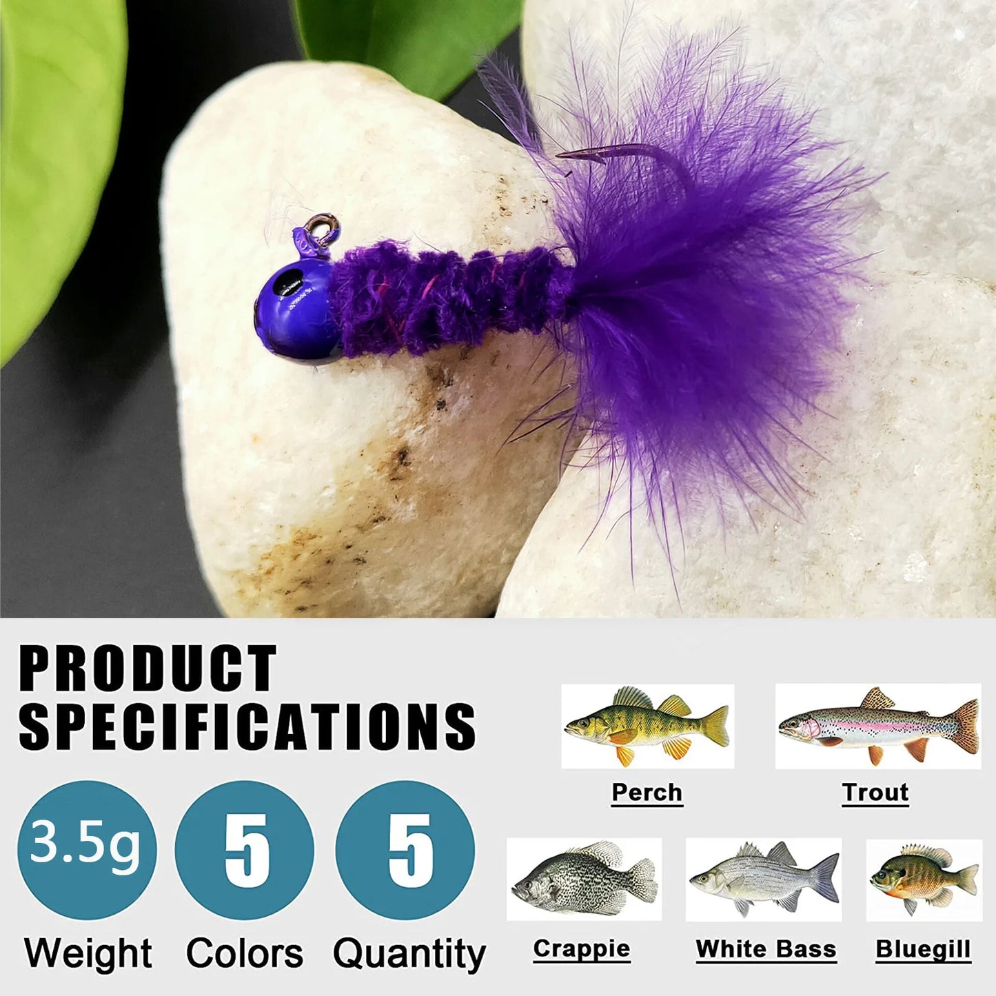 5PCS Feather Metal Jig Head Hook Fishing Crappie Marabou Lure Kit for Walleye Panfish Sunfish Bluegill Perch Bait Swimbait Pesca