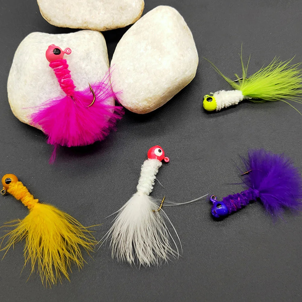 5PCS Feather Metal Jig Head Hook Fishing Crappie Marabou Lure Kit for Walleye Panfish Sunfish Bluegill Perch Bait Swimbait Pesca