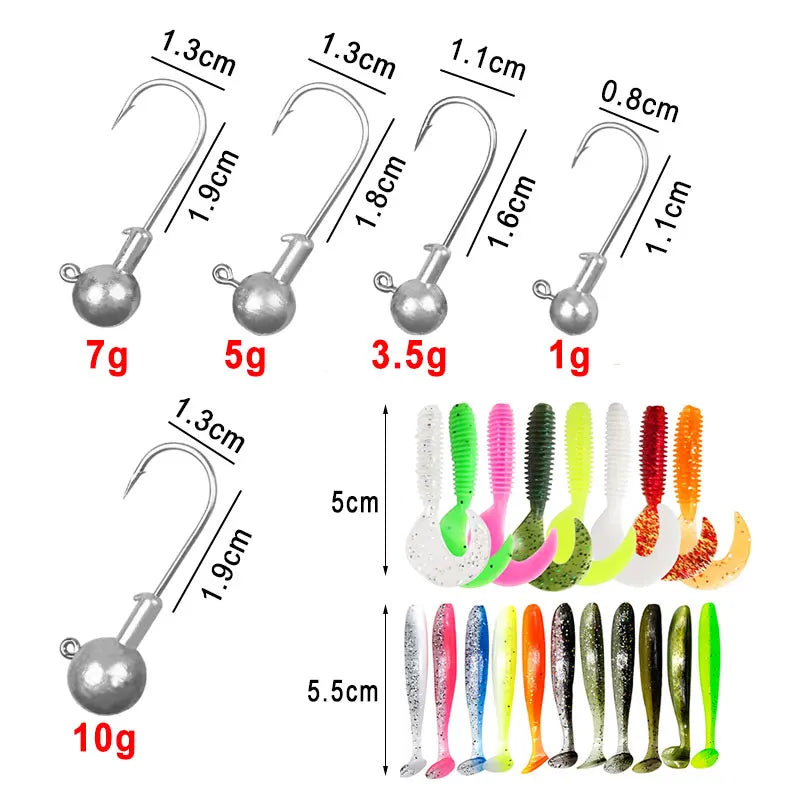 50PCS Silicone Worm Soft Bait 50mm Jig Wobblers Fishing Lure + 15pcs Jig Hook Artificial Rubber Baits Bass for Carp Pike Zander
