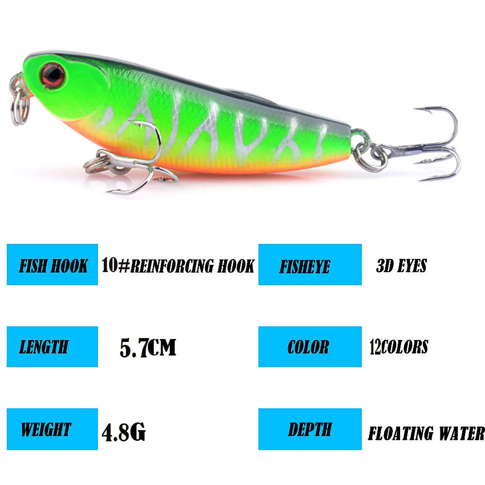 1Pc Top Water Pencil Fishing Lure 5.7cm 4.8g Floating Dog Walking Wobblers Tackle Artificial Hard Bait With 10# Hooks For Bass