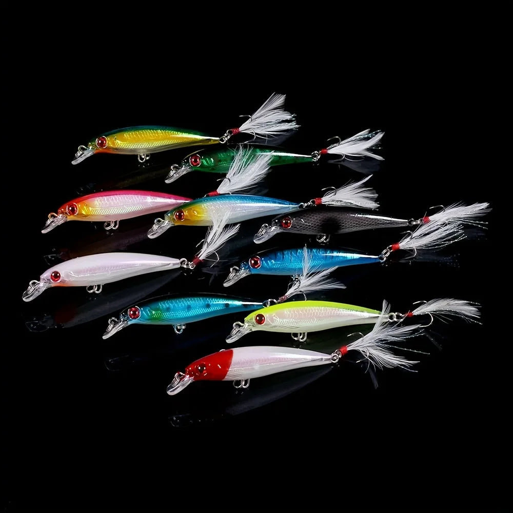 10pcs Larser Minnow Fishing Lures Set Catch Bass Faster with Feather Hook Artificial Bait Crankbait 9cm/7g