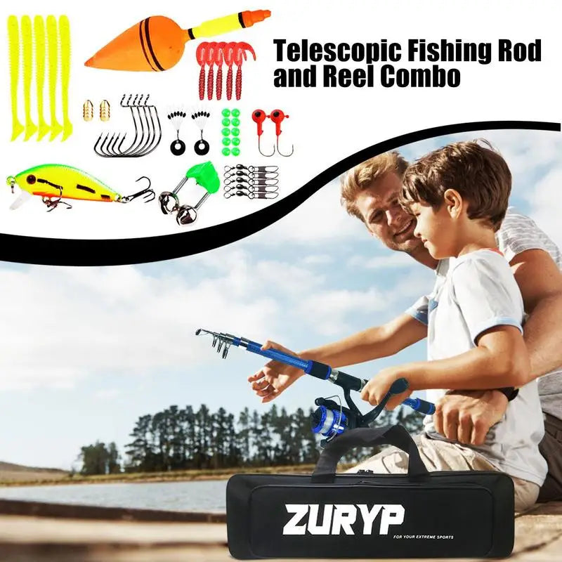 Kids Fishing Pole Set Full Kits with Telescopic Fishing Rod and Spinning Reel Baits Hooks Saltwater Portable Travel Pole Set