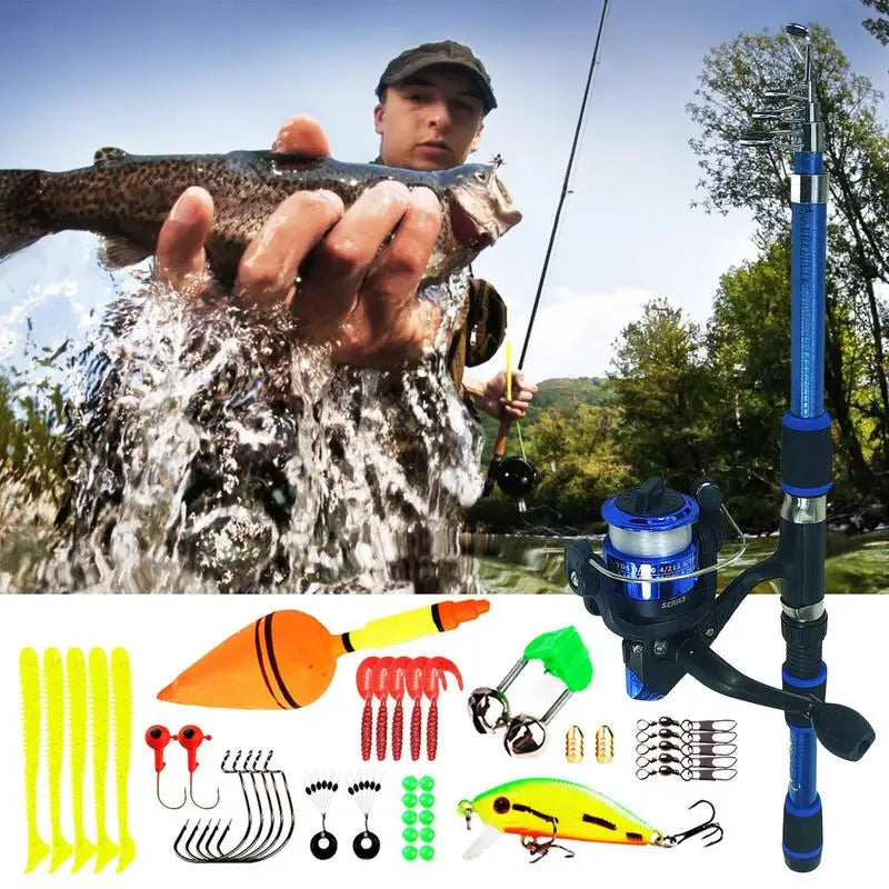 Kids Fishing Pole Set Full Kits with Telescopic Fishing Rod and Spinning Reel Baits Hooks Saltwater Portable Travel Pole Set