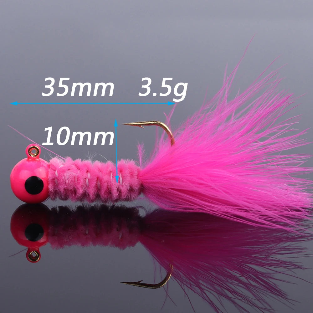 5PCS Feather Metal Jig Head Hook Fishing Crappie Marabou Lure Kit for Walleye Panfish Sunfish Bluegill Perch Bait Swimbait Pesca