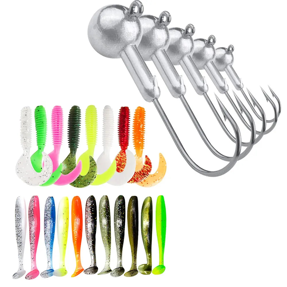 50PCS Silicone Worm Soft Bait 50mm Jig Wobblers Fishing Lure + 15pcs Jig Hook Artificial Rubber Baits Bass for Carp Pike Zander