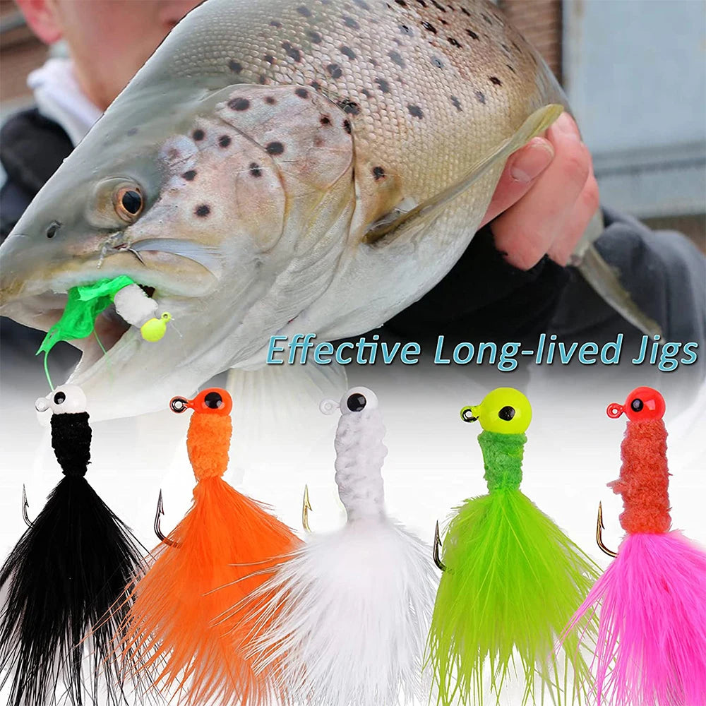 5PCS Feather Metal Jig Head Hook Fishing Crappie Marabou Lure Kit for Walleye Panfish Sunfish Bluegill Perch Bait Swimbait Pesca