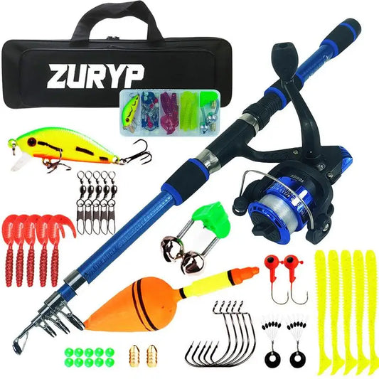 Kids Fishing Pole Set Full Kits with Telescopic Fishing Rod and Spinning Reel Baits Hooks Saltwater Portable Travel Pole Set