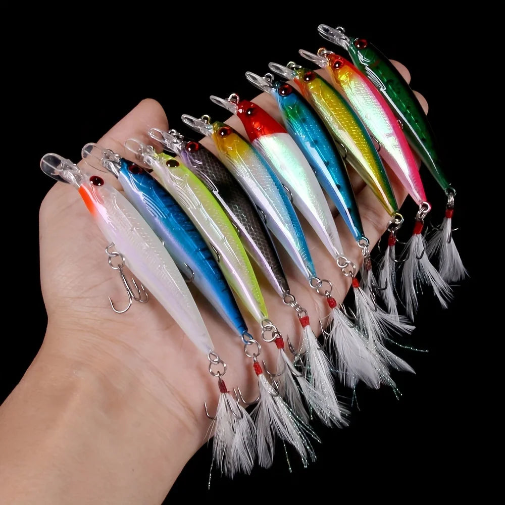 10pcs Larser Minnow Fishing Lures Set Catch Bass Faster with Feather Hook Artificial Bait Crankbait 9cm/7g